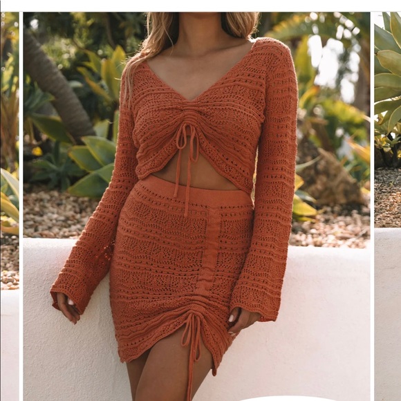 NWT NEVER WORN HOPELYN COTTON RUCHED CROCHET MINI SKIRT - RUST - Picture 2 of 4